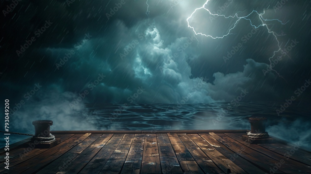 Poster podium product display with powerful storm in the ocean theme. 3d render, ai generative