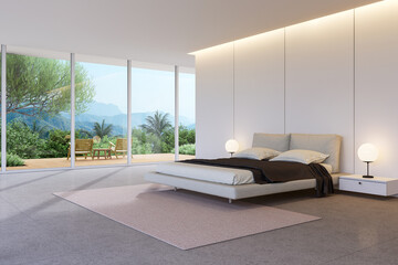 Modern contemporary loft style bedroom with mountain view 3d render, Concrete tile floor, white wall with groove and wooden terrace, Decorated with minimal furniture