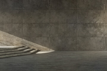 Modern loft style empty concrete wall with groove for copy space 3d render with sunlight streams across the steps and walls