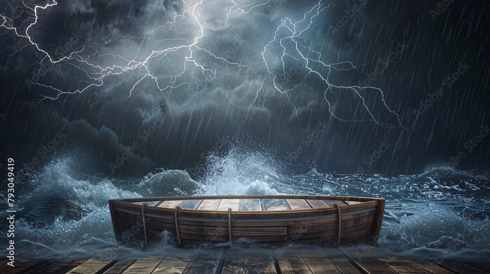 Poster podium product display with powerful storm in the ocean theme. 3d render, ai generative