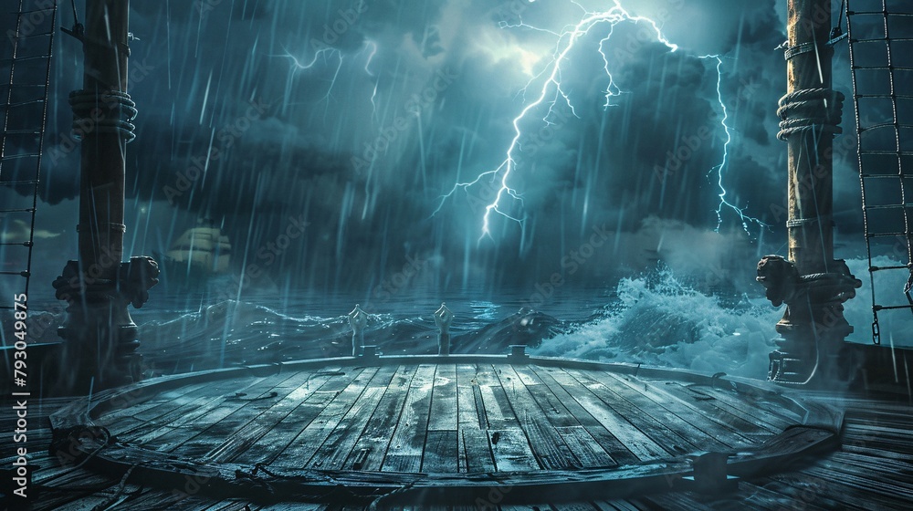Poster podium product display with powerful storm in the ocean theme. 3d render, ai generative