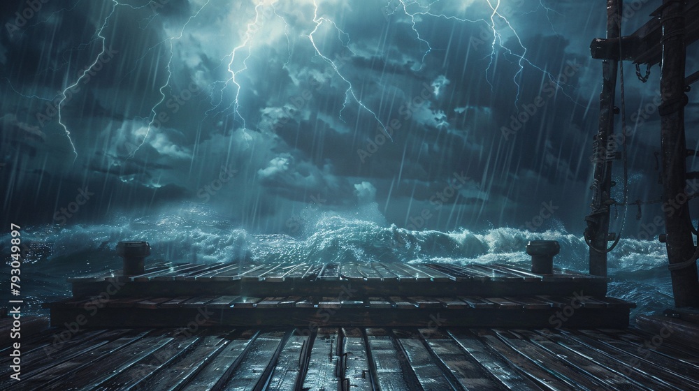 Poster podium product display with powerful storm in the ocean theme. 3d render, ai generative