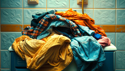 A pile of clothes is on top of a washing machine by AI generated image - obrazy, fototapety, plakaty