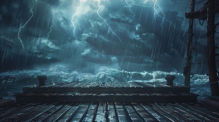 podium product display with powerful storm in the ocean theme. 3d render, ai generative - obrazy, fototapety, plakaty