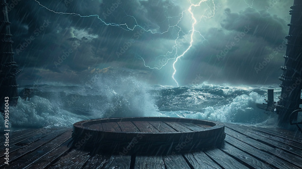 Poster podium product display with powerful storm in the ocean theme. 3d render, ai generative
