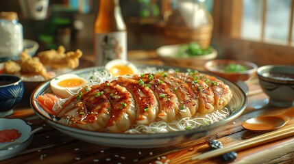3D depiction of Gyoza as part of a larger Japanese meal with ramen and tempura