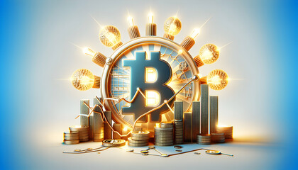 3D Bitcoin Icon with Abstract Chart Illustrating Investment Enlightenment Through Light and Shadow