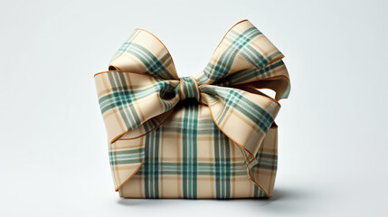 tan and green plaid christmas gift, light blue ribbon, white background сreated with Generative Ai