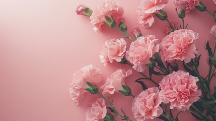 Capture the essence of Mother s Day and Valentine s Day with a charming background design featuring a stunning bouquet of pink carnations on a pastel pink table viewed from the top in a del