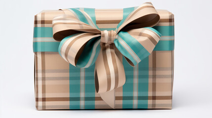 tan and green plaid christmas gift, light blue ribbon, white background сreated with Generative Ai