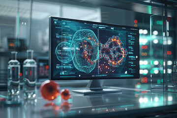 An image of a digital simulation displayed on a modern monitor, illustrating the dynamic interactions within a cellular membrane, set in a futuristic lab environment.