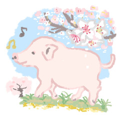 桜の花とご機嫌の豚
