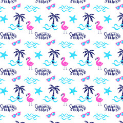 Summer vibes bright seamless pattern. Palm, sea waves, pink flamingo, sea star, sunglasses repeat on white background. Fashion vector illustration in modern style.