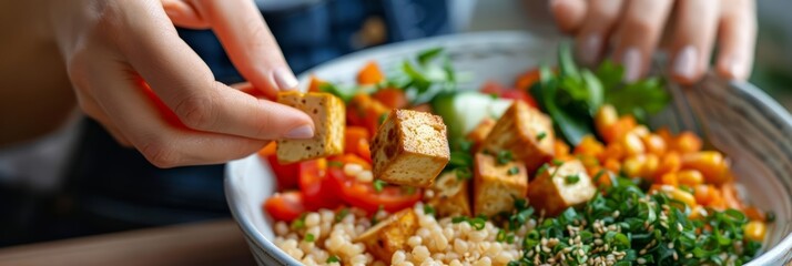 A closeup of woman hands adding cubes of tofu to a mouthwatering buckwheat buddha bowl, highlighting the plantbased ingredients in a visually appealing way