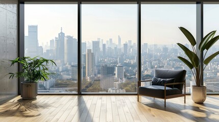 the phone of a modern and minimalistic apartment with a nice city view the photo should be very realistic and show good taste in home interior decoration representing a young person's living space - obrazy, fototapety, plakaty