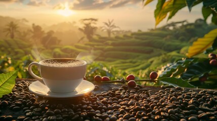 A warm, inviting image of a coffee cup filled with freshly brewed coffee, set against a backdrop of lush coffee plantations and scattered organic beans - obrazy, fototapety, plakaty