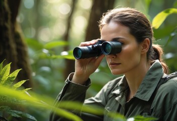 Woman using binoculars to observe wildlife in a lush forest.