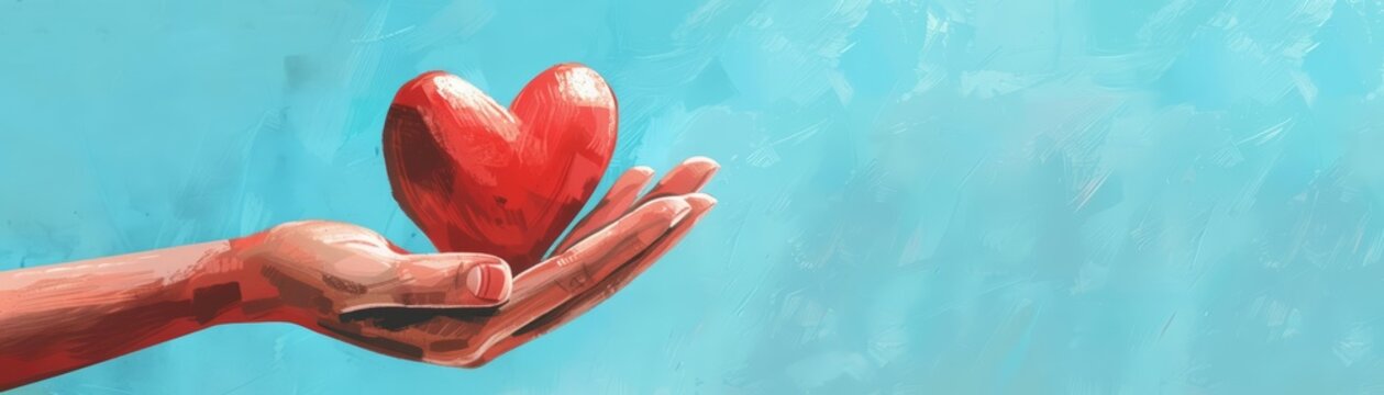 An illustration showcasing appreciation for healthcare heroes with a hand holding a handmade red heart against a blue background