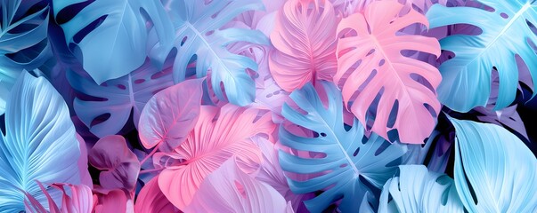 Tropical leaves, pastel pink and blue exotic nature background, summer holidays vibes
