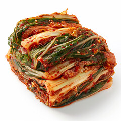 Traditional Korean dish kimchi isolated on white background. Fermented spicy cabbage with red chili, authentic Korean cuisine. Probiotic-rich food, detailed presentation.