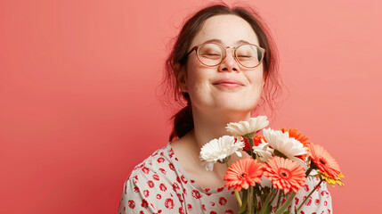 Happy young woman with Down syndrome enjoys, with her eyes closed, the aroma and touch of a fresh bouquet of yellow and orange flowers. Inclusion, health. Portrait on a bright background, copy space