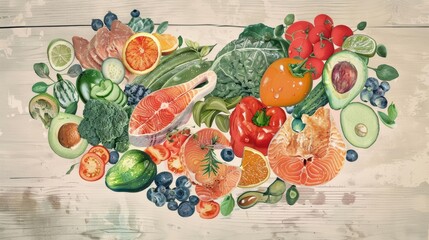 Explore the concept of a balanced diet for heart health through an AIgenerated artwork featuring a variety of nutritious foods