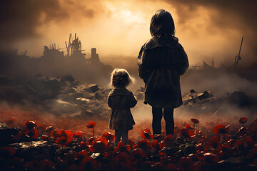 Two children look sadly at the devastated landscape. Days of remembrance for those who lost their lives during the Second World War, 8 May - obrazy, fototapety, plakaty