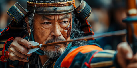 Sumida Park in Tokyo, an archer dressed in the uniform of a samurai warrior fires his arrow at a target