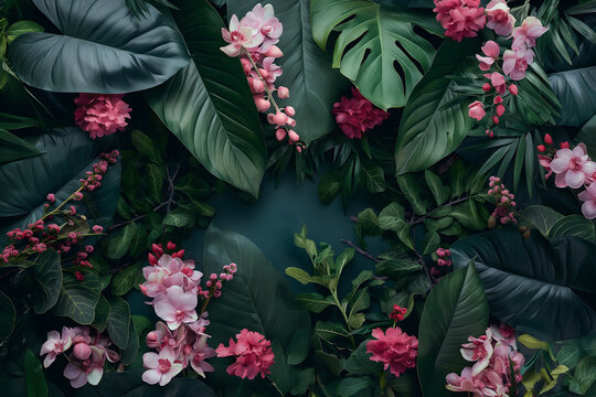 Lush Tropical Foliage and Exotic Flowers in Moody Botanical Setting