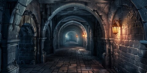 Dark dungeon backgrounds, long scary medieval castle corridor with torches. Endless mystical nightmare and opportunity for secret treasure, game, Halloween, party event card backgrounds.