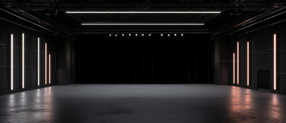 Black futuristic stage background, dark studio room and lines of white light, wide banner. Concept of show, scene, garage, panorama, modern interior, showroom