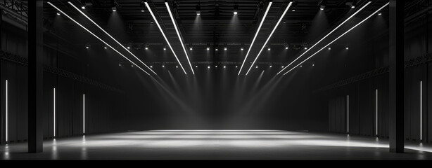 Black futuristic stage background, dark studio room and lines of white light, wide banner. Concept...