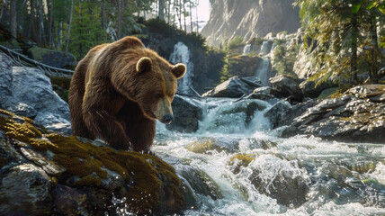 Brown bear during hunting for salmon in mountain river in summer, wild grizzly animal on green trees and water background. Concept of wildlife, fish, food, nature, national park