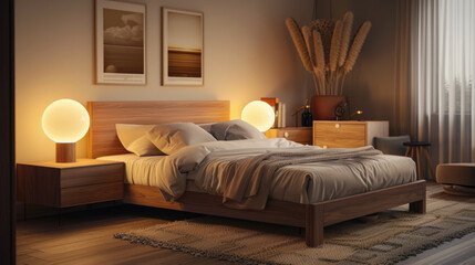 Interior of cozy bedroom at night, room with bed, lamps and wood furniture. Brown design, lights and posters. Theme of style, home, decor, house, evening
