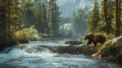 Brown bear during hunting for salmon in mountain river in summer, wild grizzly animal on green trees and water background. Concept of wildlife, fish, forest, nature, national park