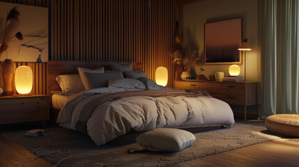 Interior of cozy bedroom at night, room with bed, lamps and wood furniture. Brown design, lights and poster. Theme of rustic style, home, tropical house, nature