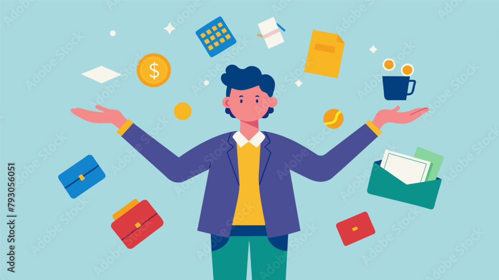 Poster a person juggling multiple bills and expenses showcasing the need for organization and prioritizatio