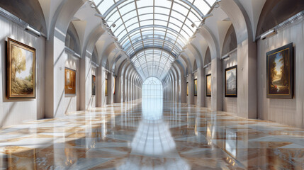 Luxury interior of modern museum, perspective of empty hall with shiny marble floor and paintings...