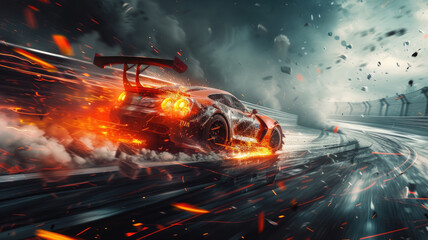 Sports car driving with fire, smoke and sparks on dark background, burning vehicle runs fast on...