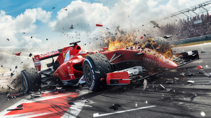 Racing car driving with fire and sparks on sky background, burning vehicle runs fast on track....