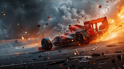 Racing car driving with fire, smoke and sparks on dark background, burning sports vehicle runs fast...