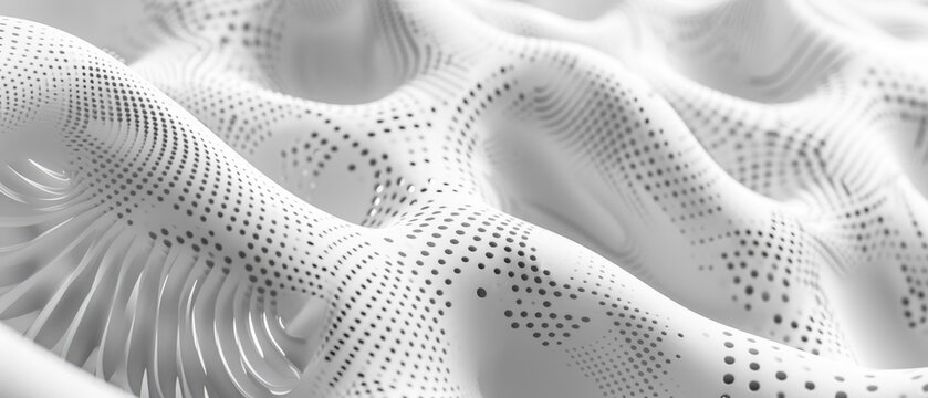 White perforated futuristic structure, abstract digital waves of AI mind, data texture background. Concept of technology, network, cyber future, space,