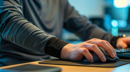 Zoomed in view of a hand on a mouse, illustrating the daily interaction with technology in a work environment.