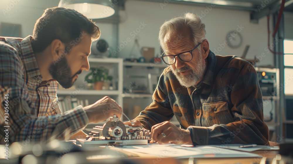Poster a plant worker showing a mechanical part to his manager during a problem-solving meeting, with the f