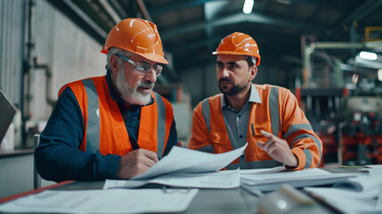 A factory worker receiving feedback from his manager in a meeting, with paperwork and digital tools on the table to aid their discussion. , natural light, soft shadows, with copy s