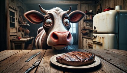 A cow is eating a steak in a restaurant. The cow has a big smile on its face and is surrounded by various utensils and food items. The image conveys a lighthearted and humorous mood
