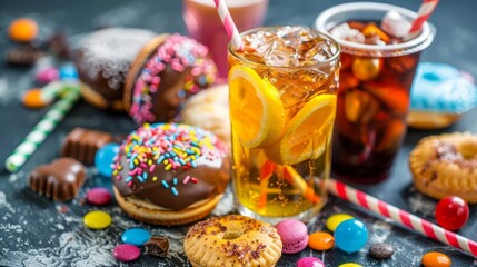 Sugary beverages and snacks that can lead to tooth decay and oral health issues - obrazy, fototapety, plakaty