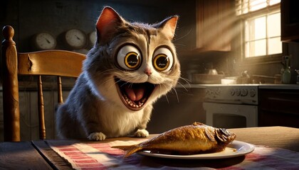 A cartoon cat is sitting at a table with a fish on a plate in front of it. The cat is smiling and he is excited about the fish. The scene is playful and lighthearted