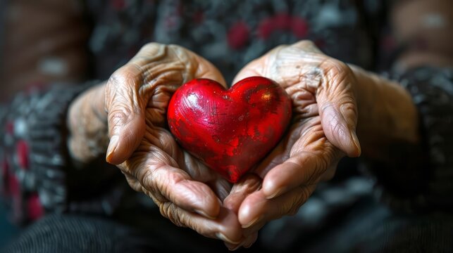 The hands of an older woman lovingly embrace a red heart, highlighting themes of donation and goodwill