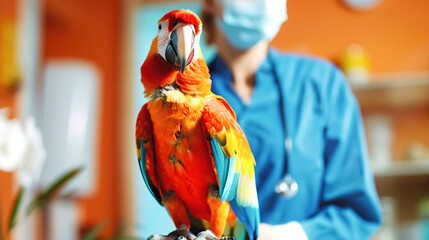 Home pet, big red parrot at an appointment with a veterinarian in special medical clinic. The concept of animal health, protection and care for them